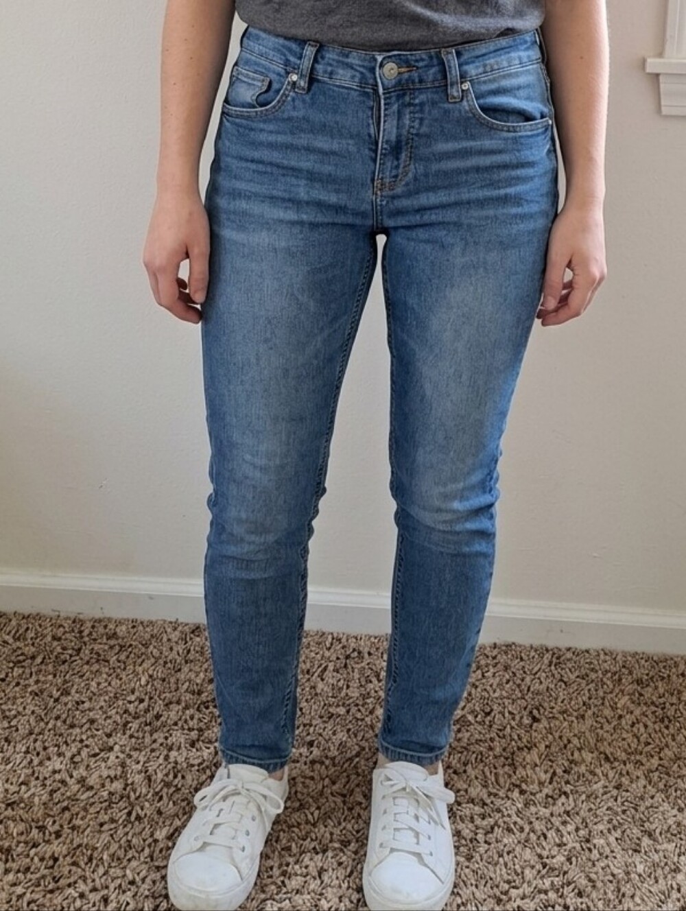 Women's Light Blue Skinny Jeans with Brown Contrast Stitching